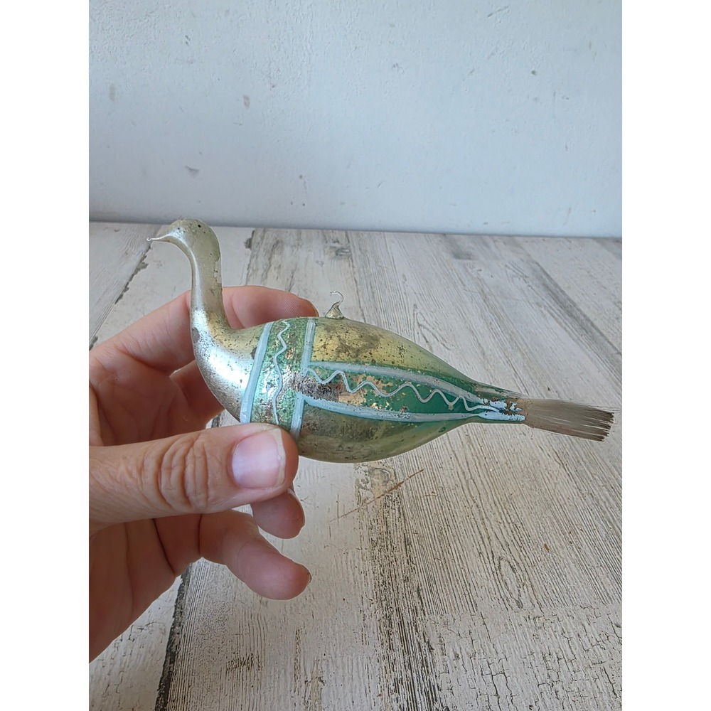Antique mercury glass swan bird green ornament Xmas tree